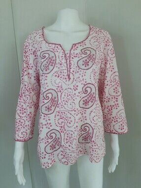 PURE EARTH 100% Cotton Pink | Silver Paisley Embroidered Tunic Top Sz 44 (XL)
